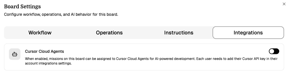 Board settings integrations tab with Cursor Cloud Agents toggle