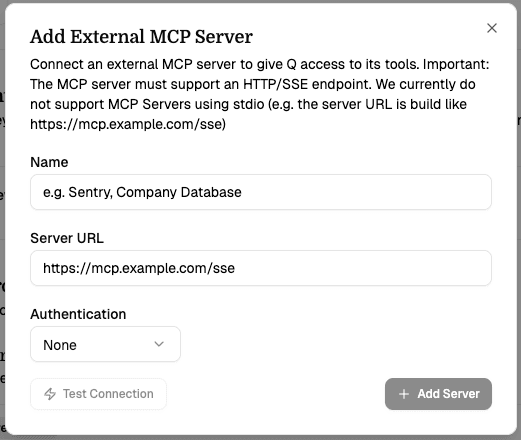 Add External MCP Server dialog