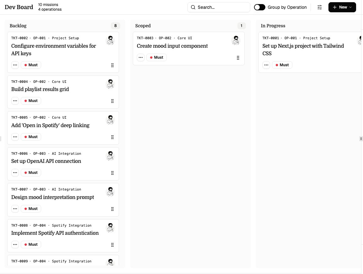 A mission board showing columns with mission cards grouped by operation