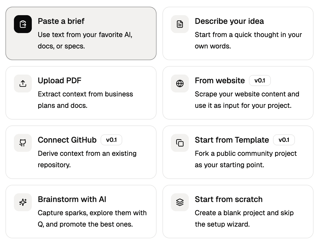 The Project Setup Wizard showing the eight method cards
