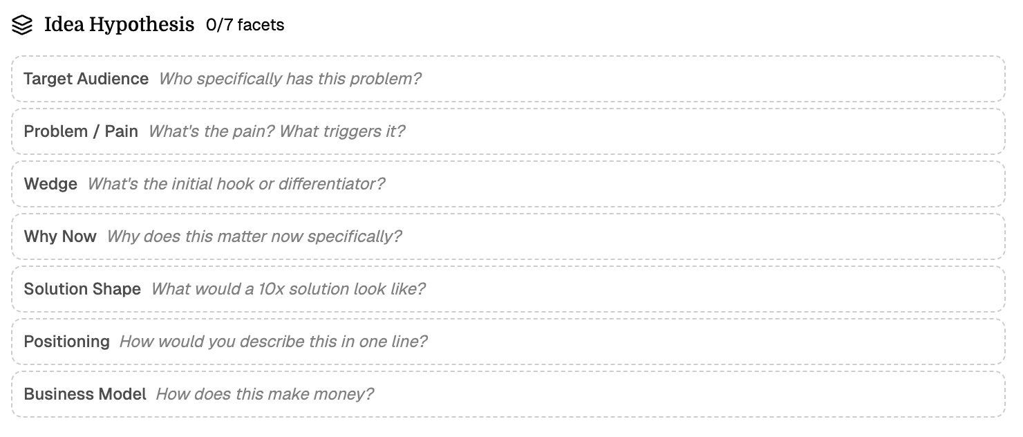 The Spark Canvas showing a spark with its hypothesis facets, insights, and solution angles