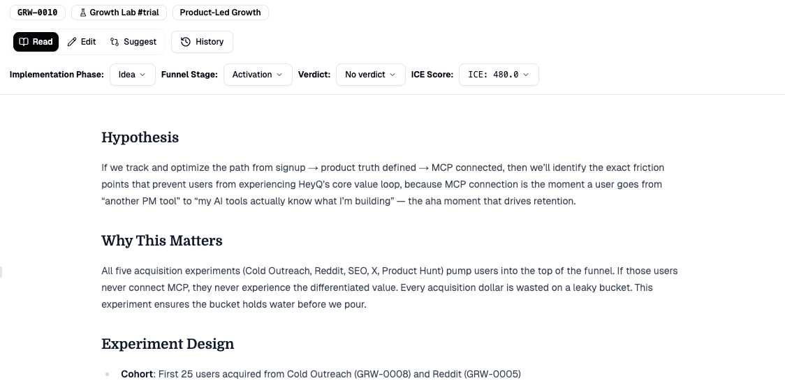 Screenshot of Growth Lab experiment metadata and content