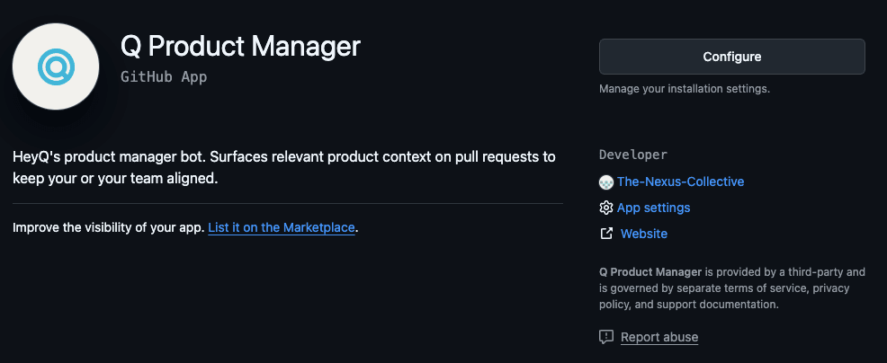 GitHub App installation screen for Q Product Manager